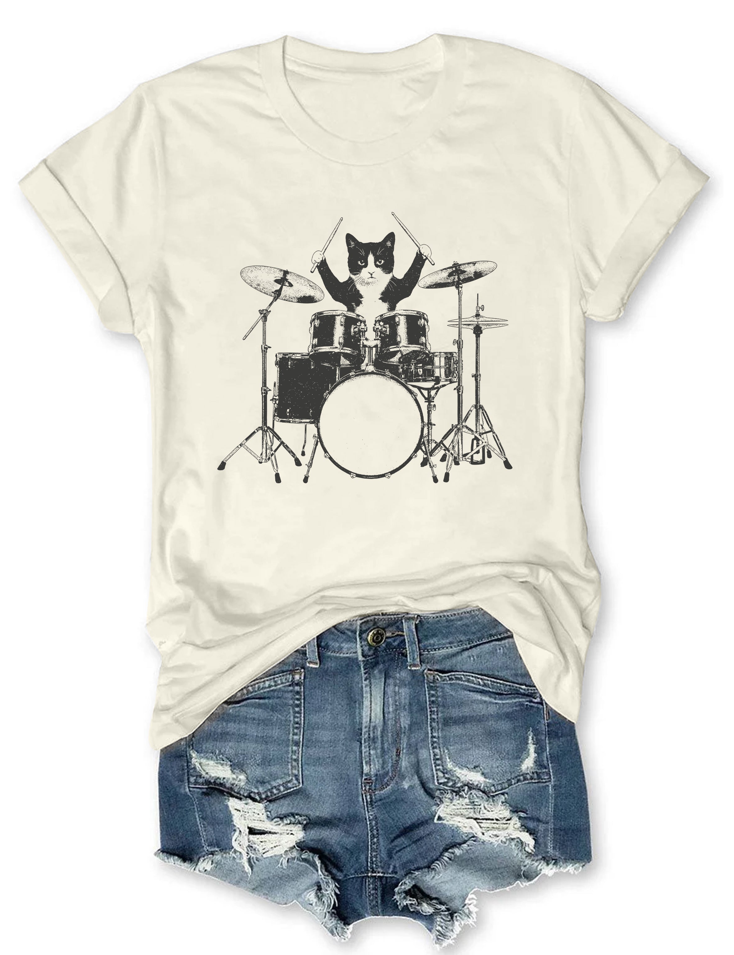 T-shirt graphique humoristique avec un chat jouant de la batterie - T-shirt humoristique pour animaux 