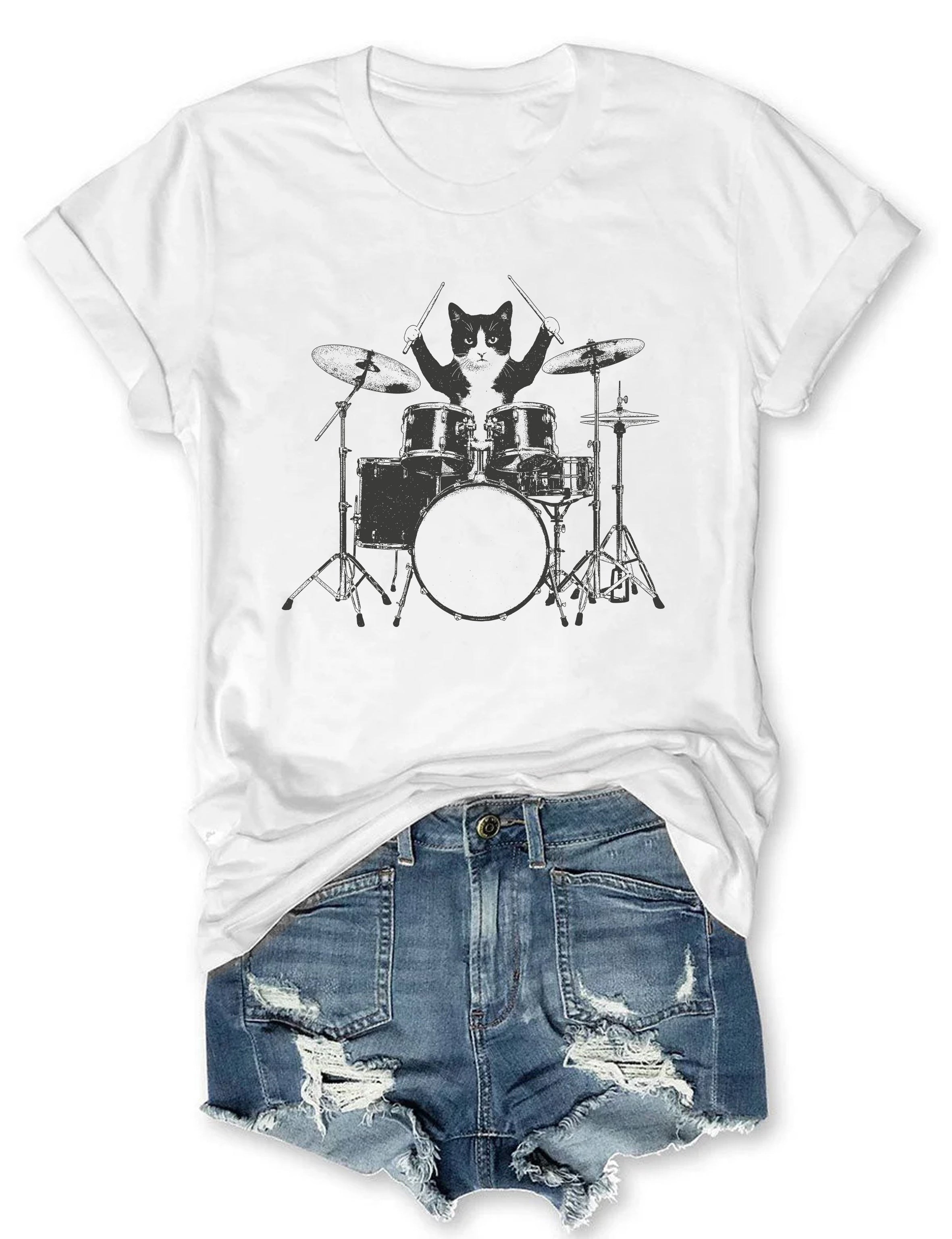 T-shirt graphique humoristique avec un chat jouant de la batterie - T-shirt humoristique pour animaux 