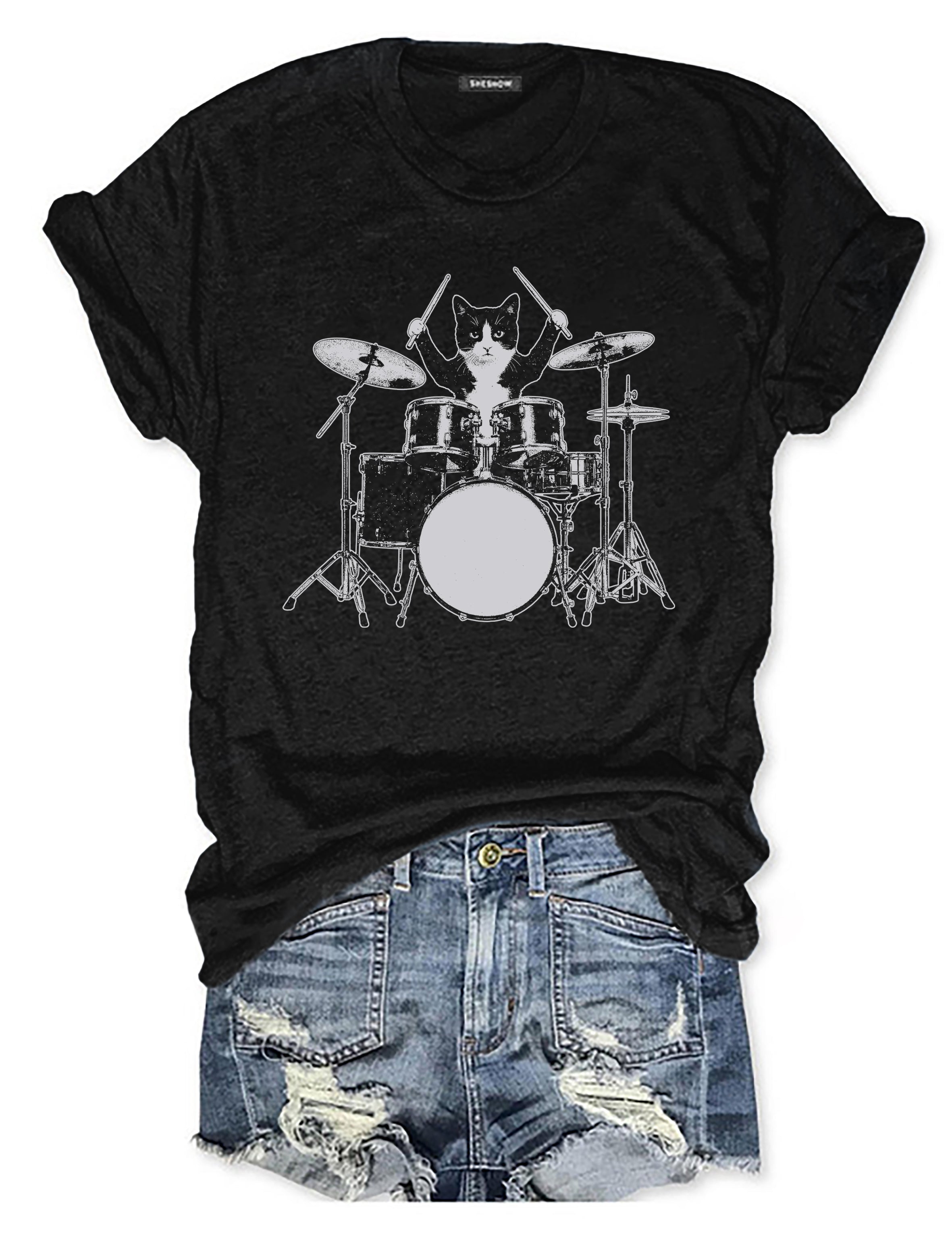 T-shirt graphique humoristique avec un chat jouant de la batterie - T-shirt humoristique pour animaux 