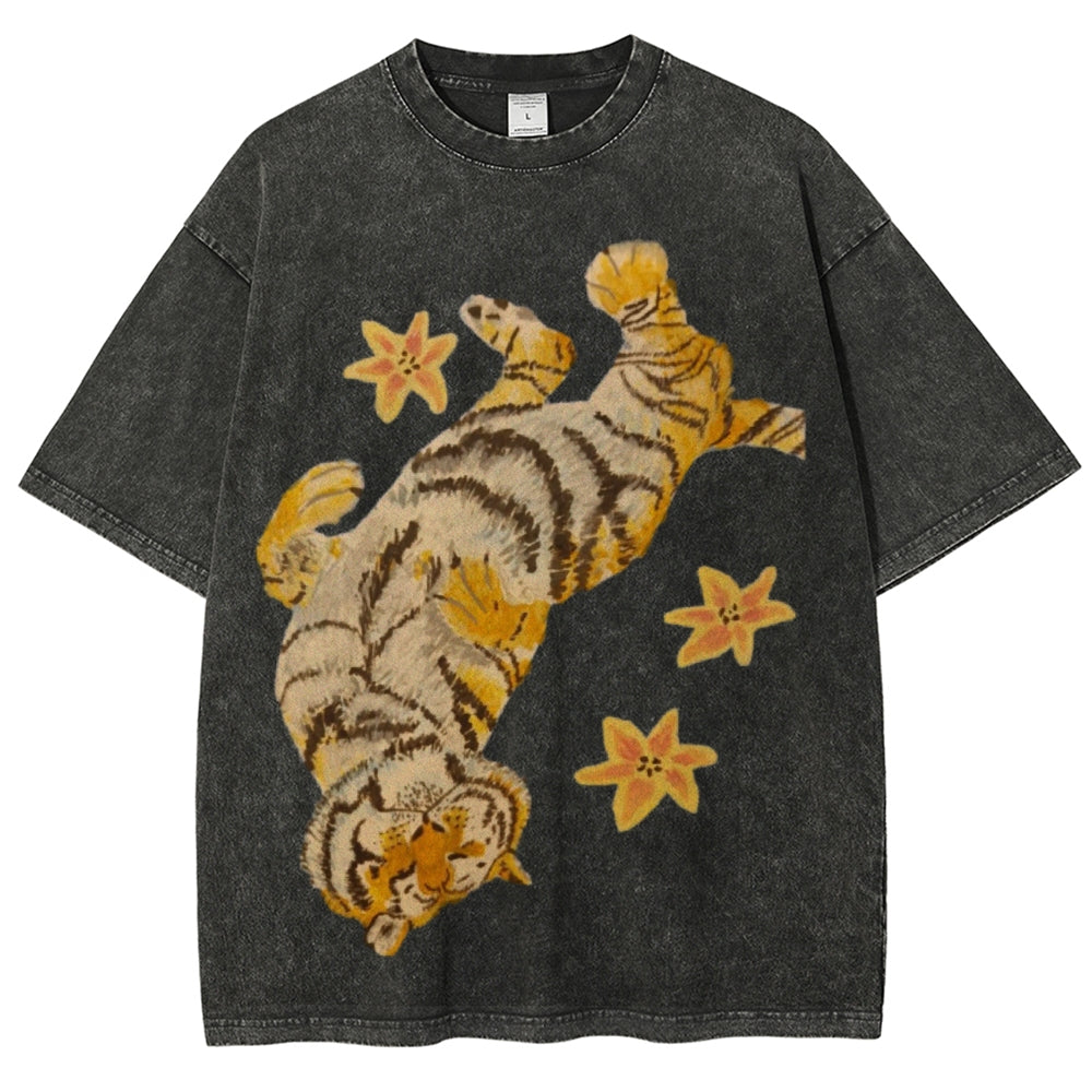 T-shirt unisexe vintage délavé Lazy Tiger 