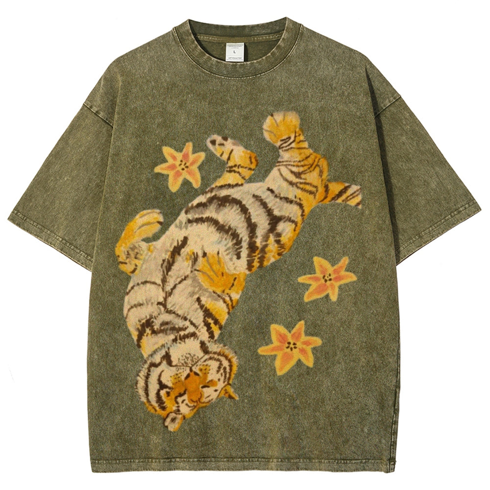 T-shirt unisexe vintage délavé Lazy Tiger 