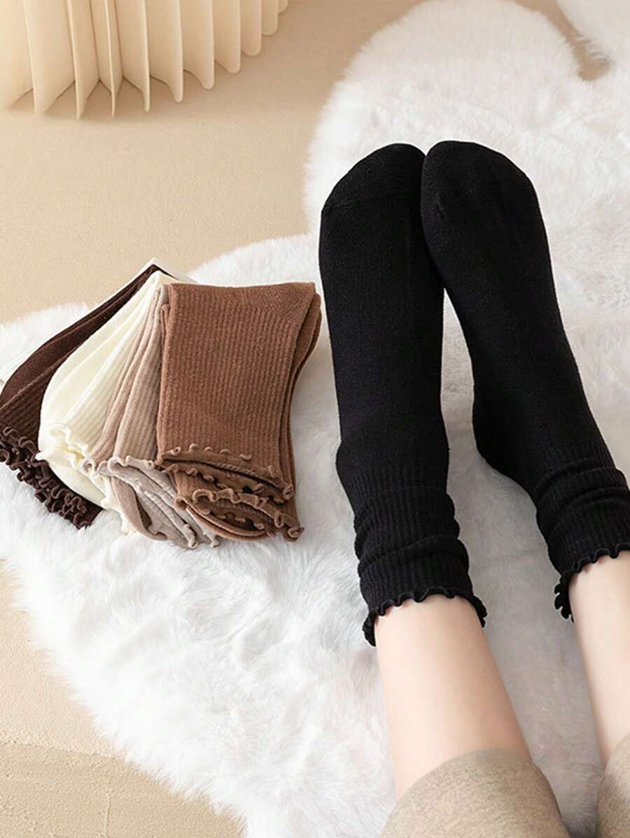 Women's Crew Socks with Ruffled Edge and Ribbed Texture