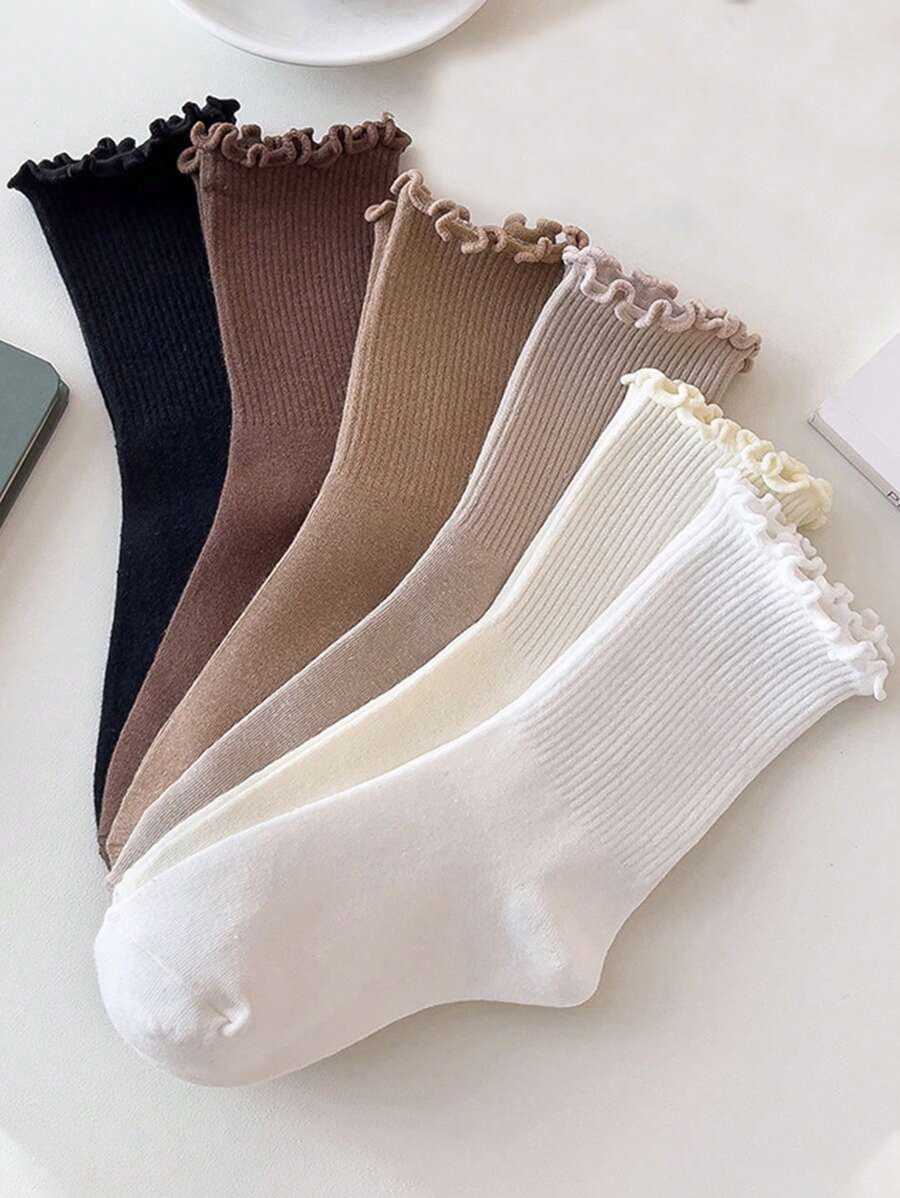 Women's Crew Socks with Ruffled Edge and Ribbed Texture