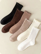 Women's Crew Socks with Ruffled Edge and Ribbed Texture