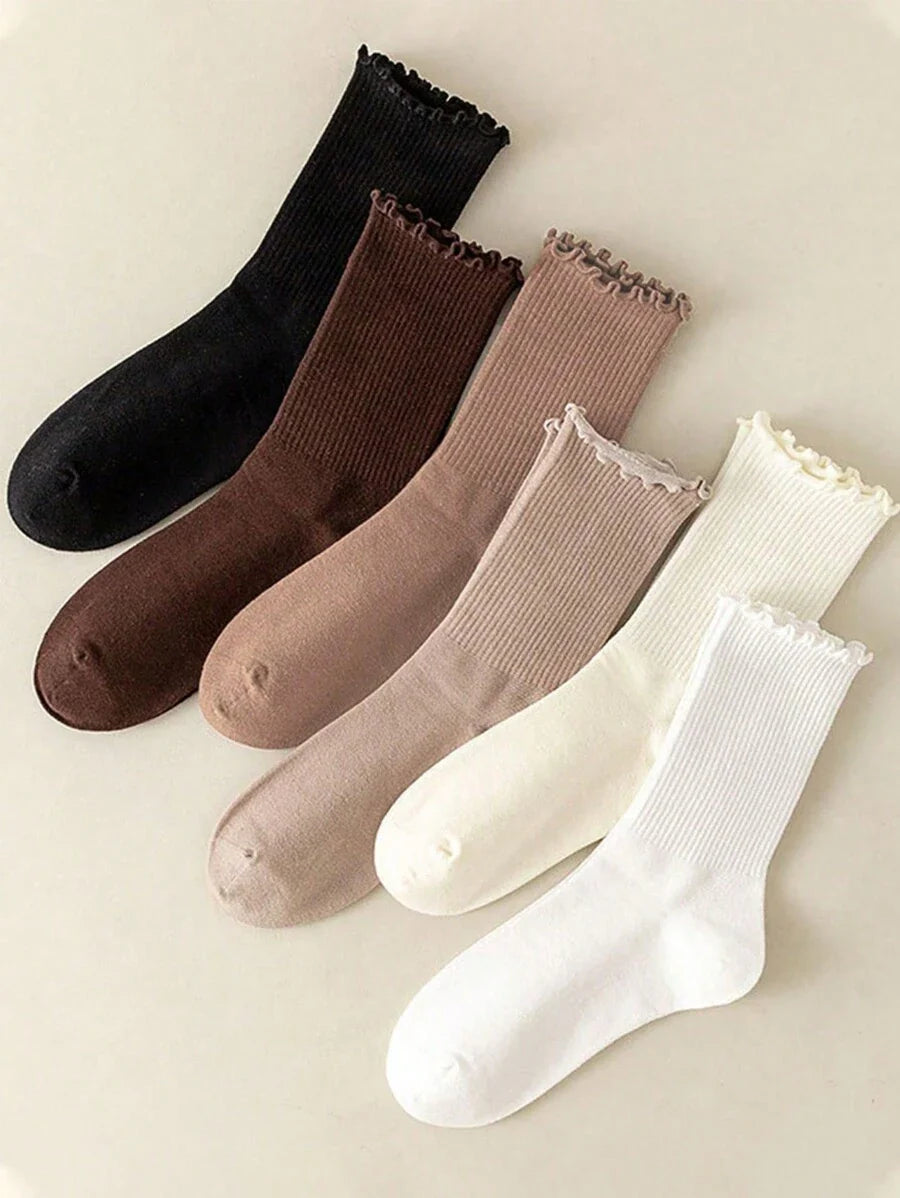 Women's Crew Socks with Ruffled Edge and Ribbed Texture