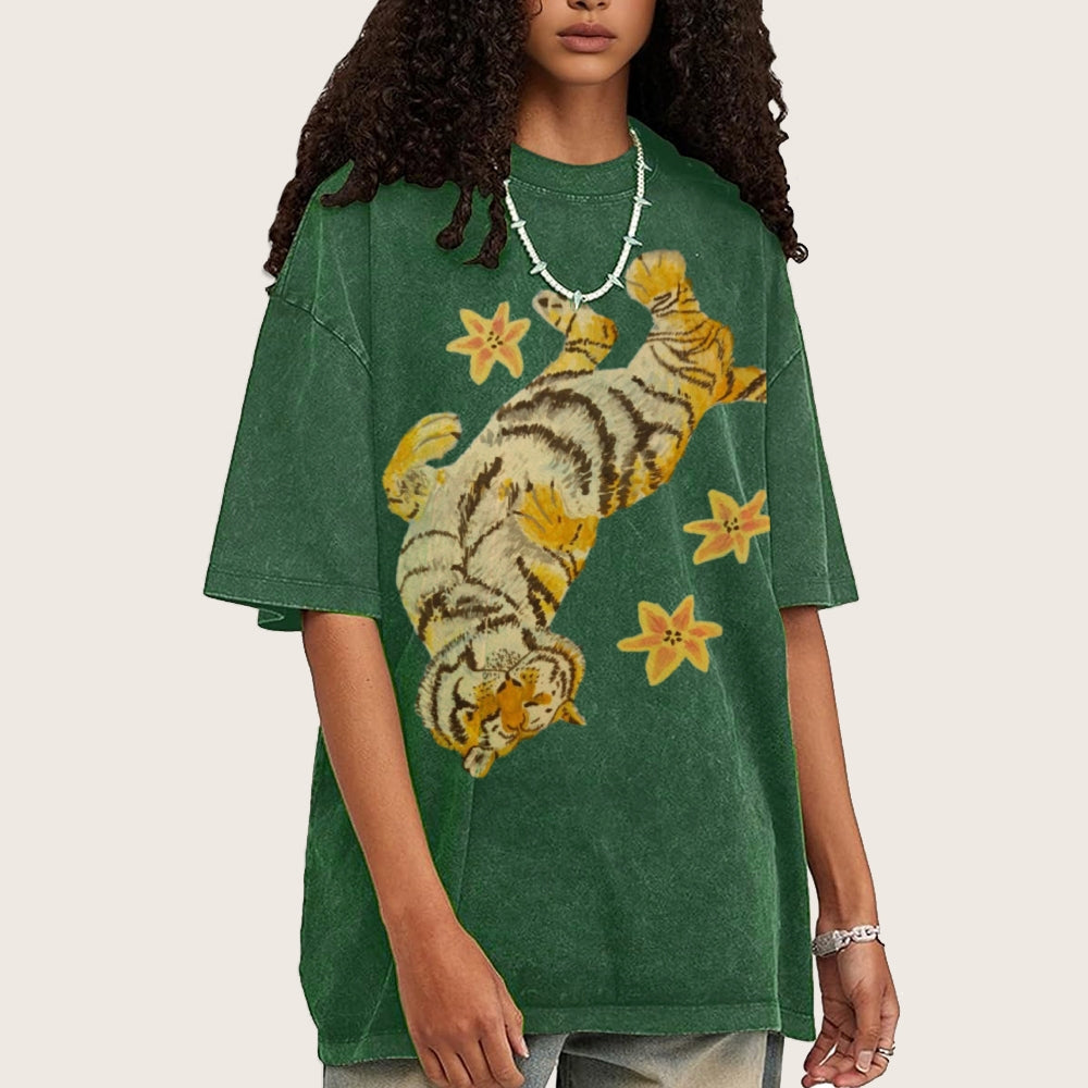 T-shirt unisexe vintage délavé Lazy Tiger 