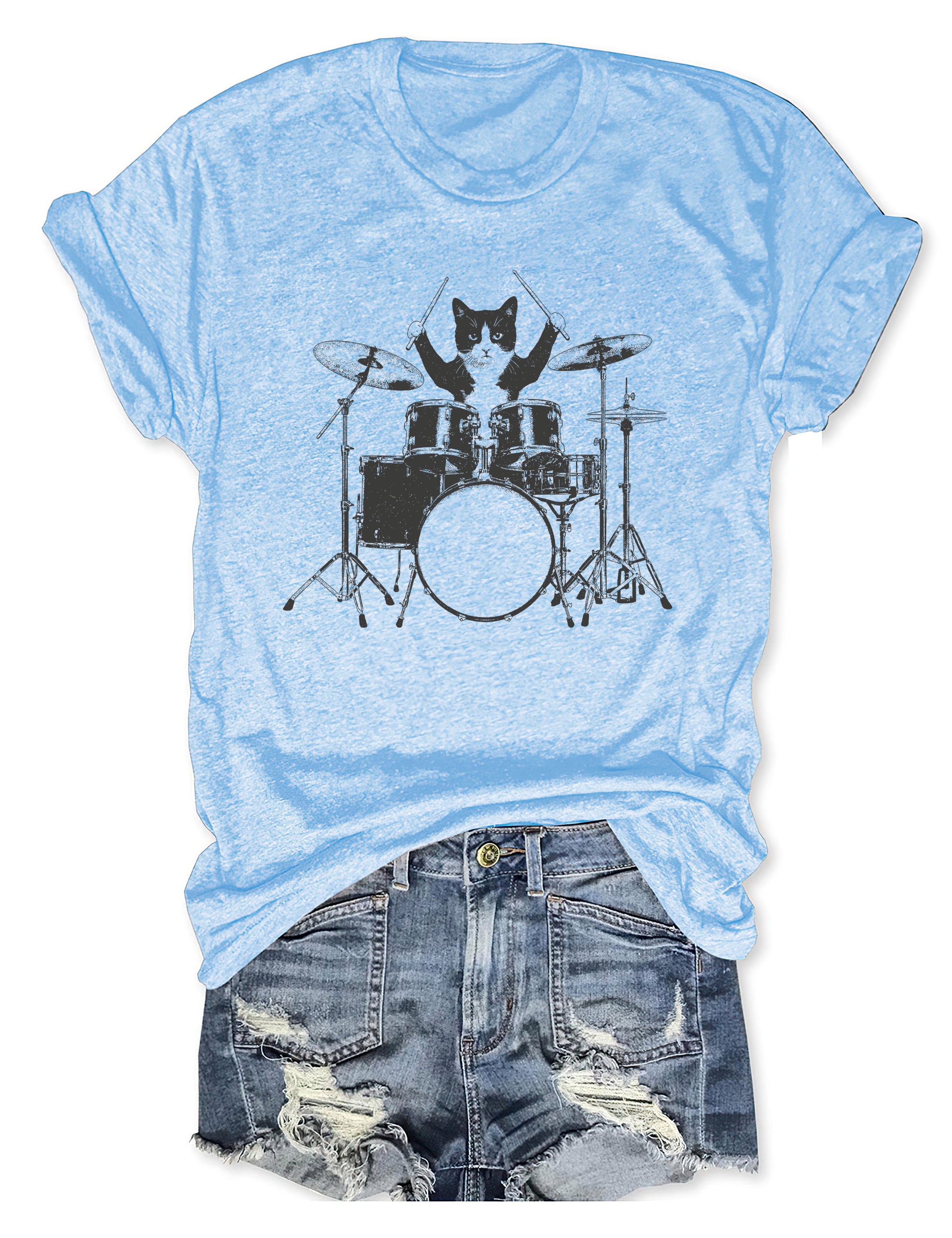 T-shirt graphique humoristique avec un chat jouant de la batterie - T-shirt humoristique pour animaux 