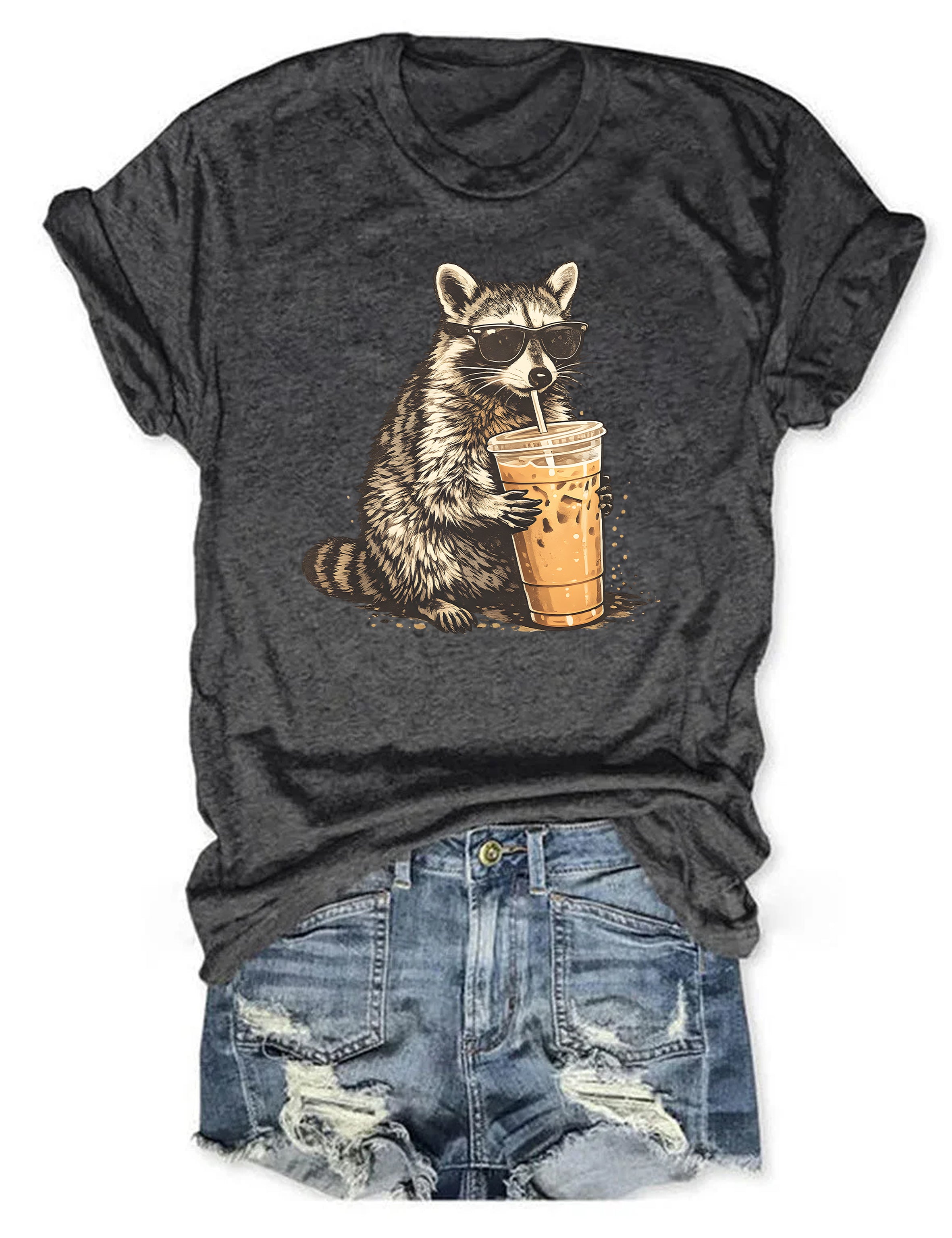 T-shirt graphique humoristique Raton laveur Café glacé T-shirt animalier 