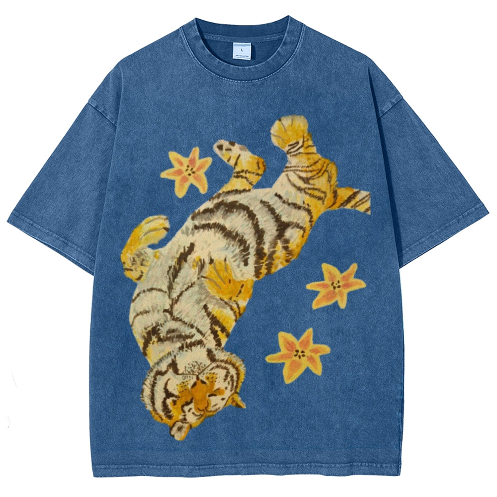 T-shirt unisexe vintage délavé Lazy Tiger 
