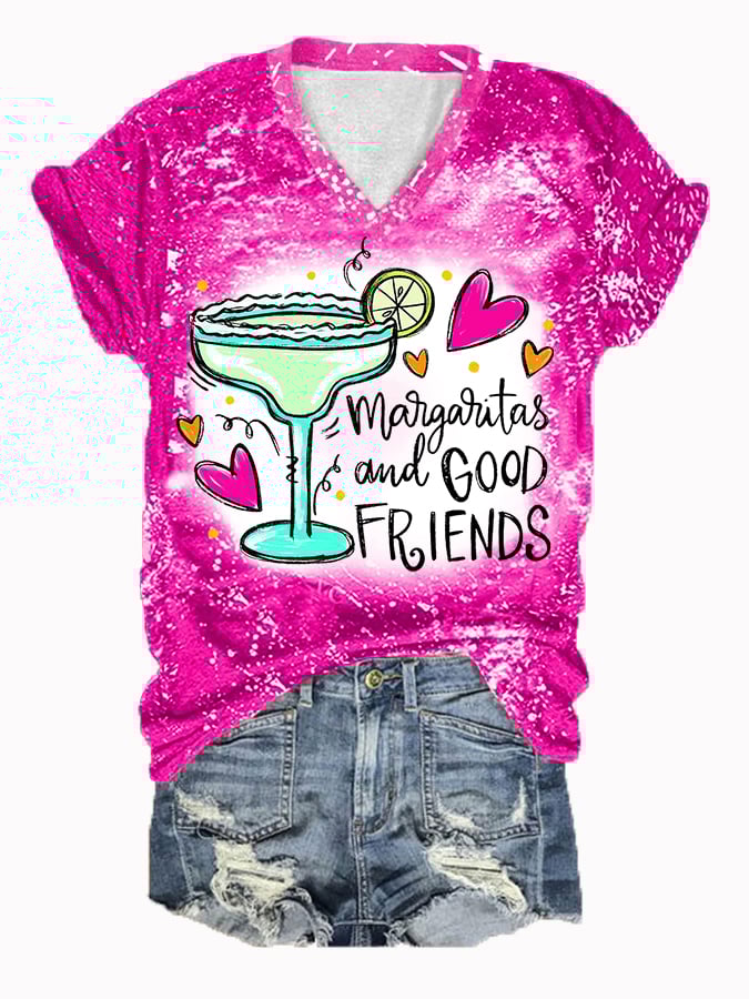 T-shirt décontracté à col en V imprimé « Margaritas et bons amis » pour femmes, style Cinco de Mayo 