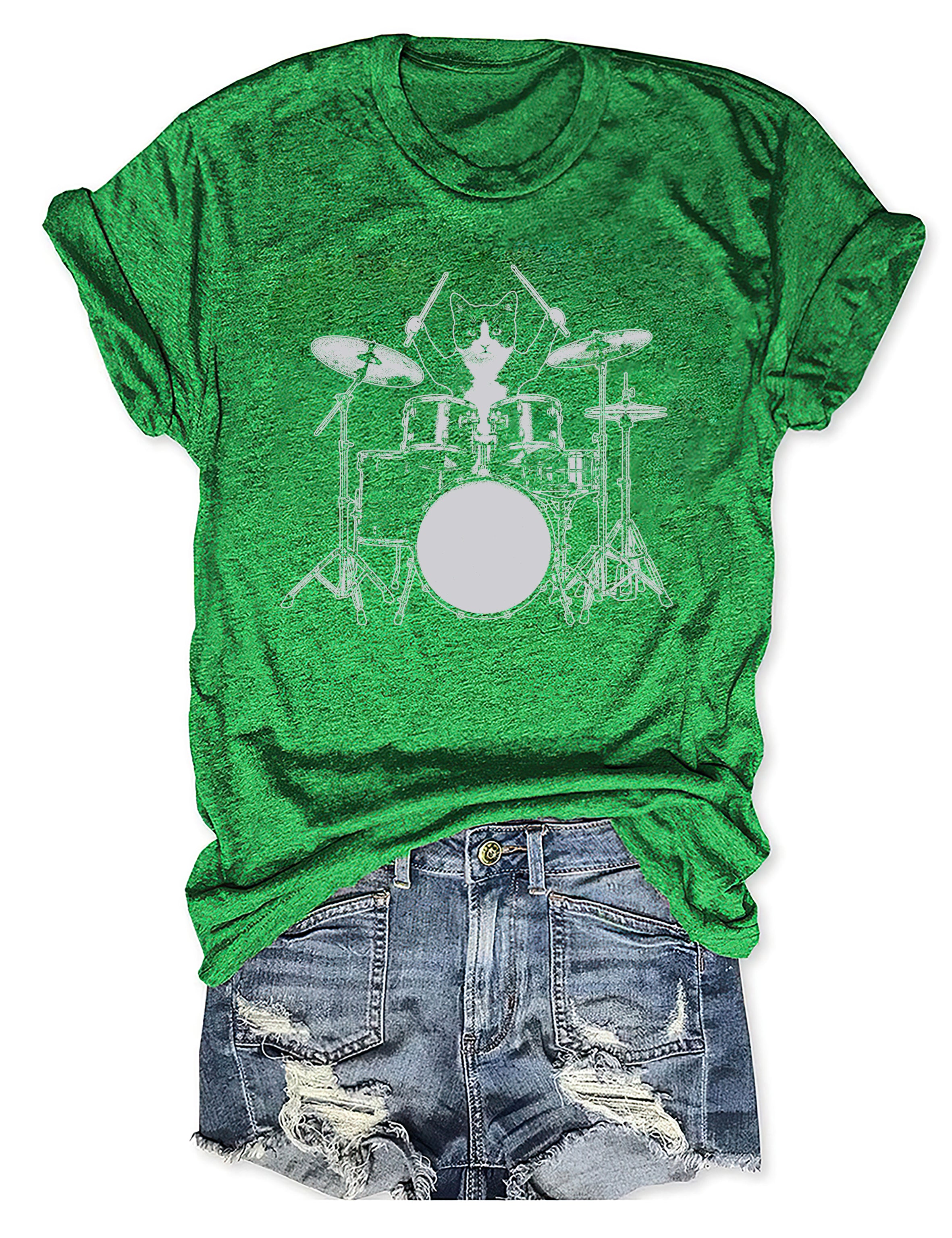 T-shirt graphique humoristique avec un chat jouant de la batterie - T-shirt humoristique pour animaux 