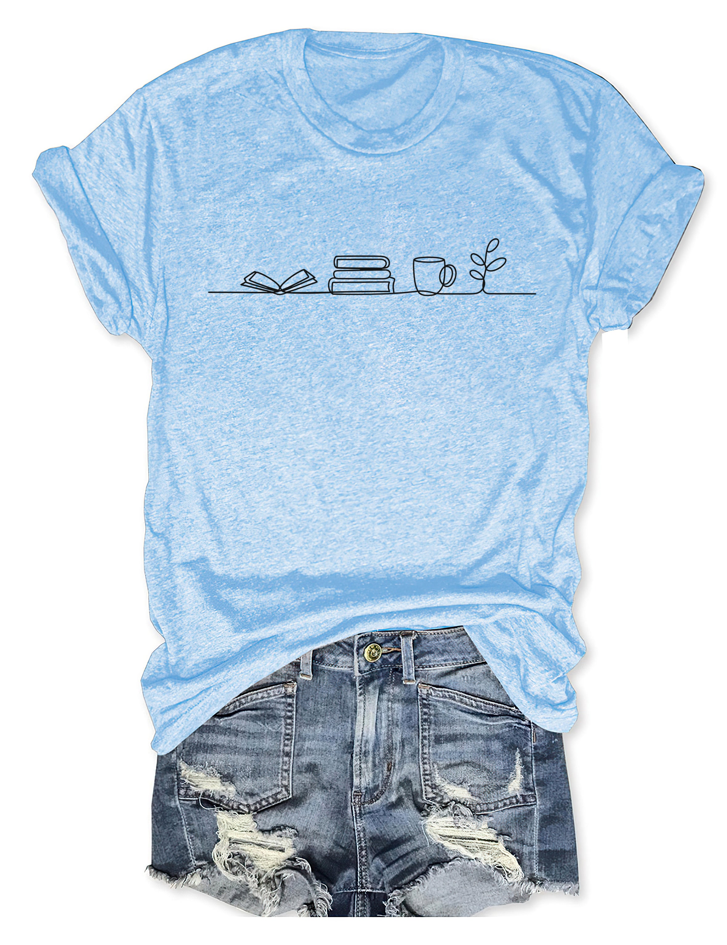 T-shirt graphique mignon pour les amoureux du café et des livres, style lecteur esthétique 