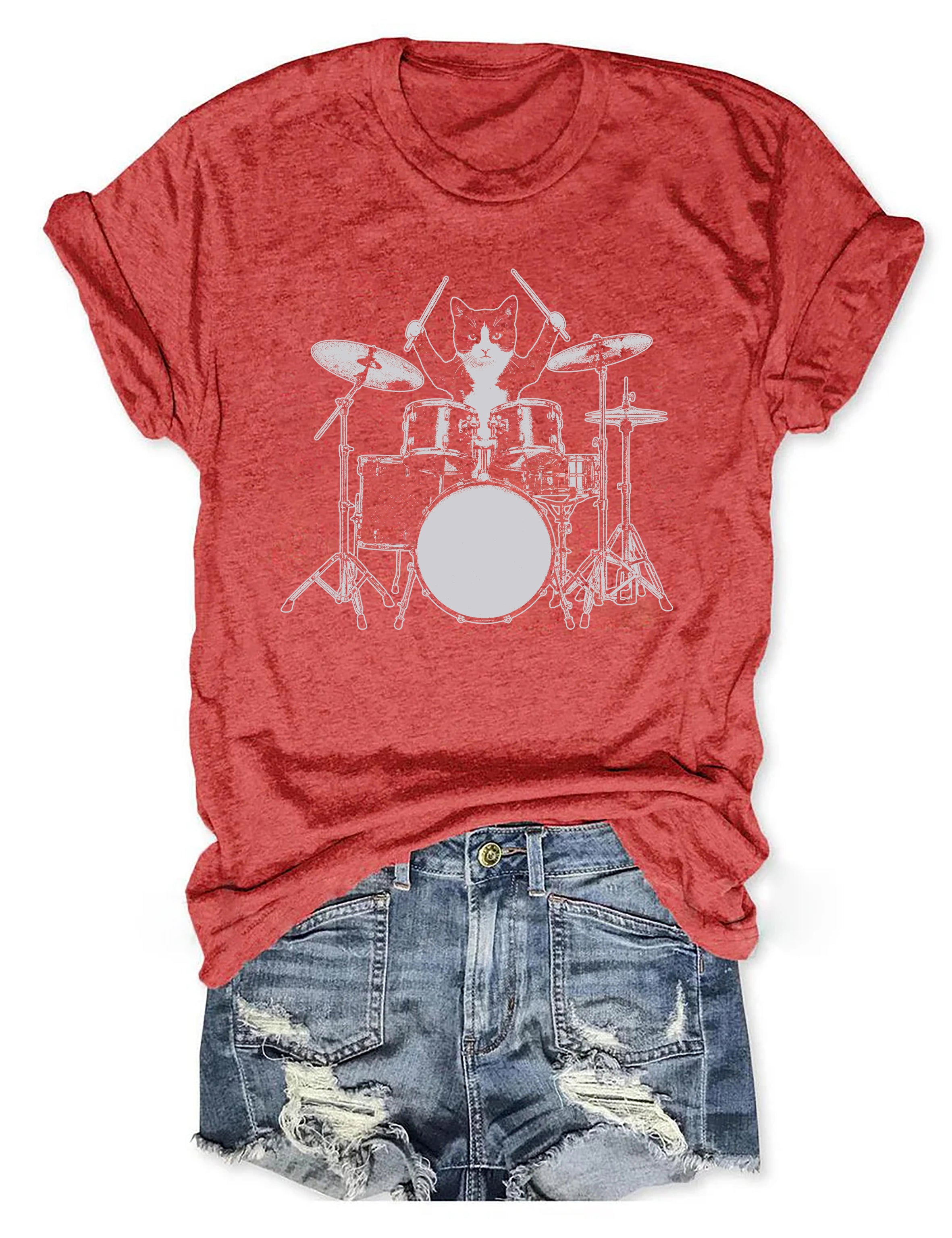 T-shirt graphique humoristique avec un chat jouant de la batterie - T-shirt humoristique pour animaux 