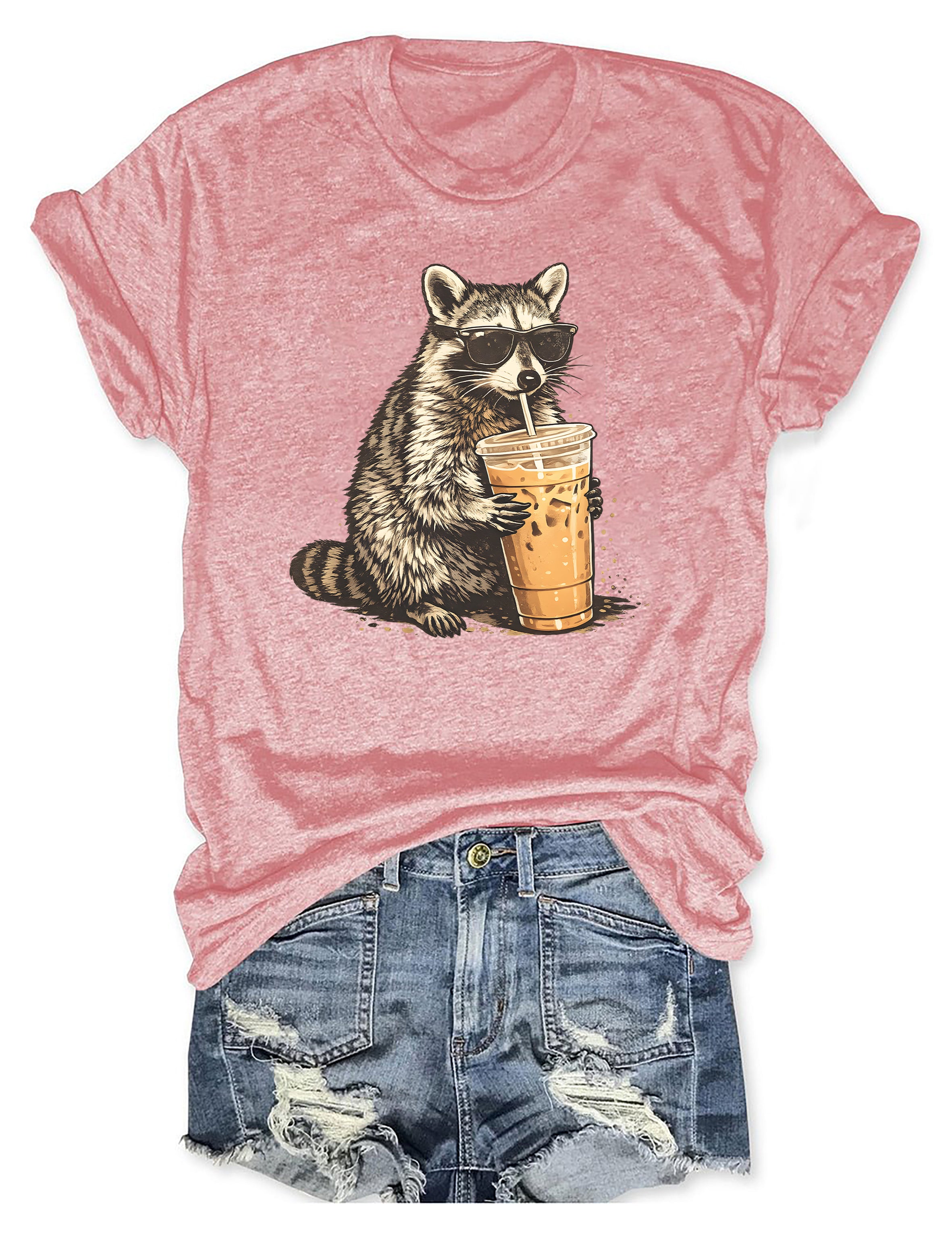 T-shirt graphique humoristique Raton laveur Café glacé T-shirt animalier 