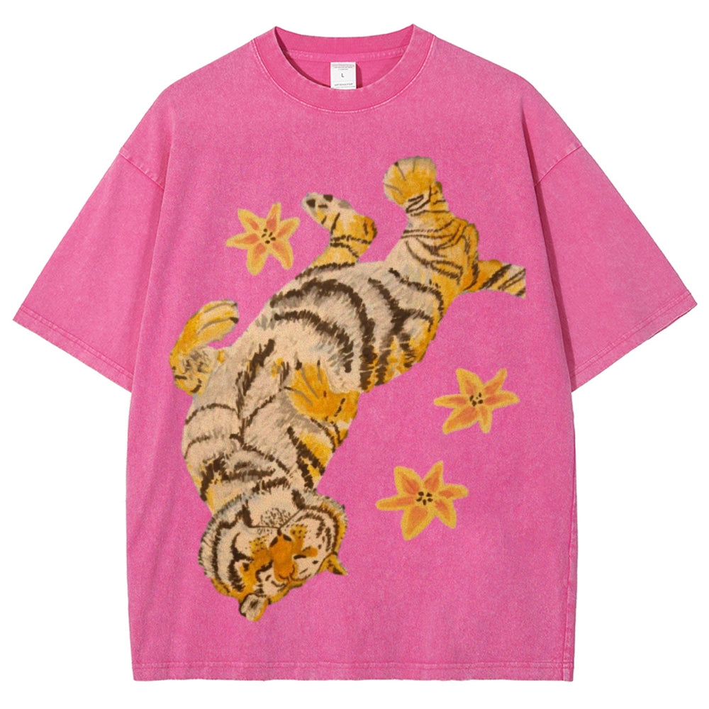 T-shirt unisexe vintage délavé Lazy Tiger 