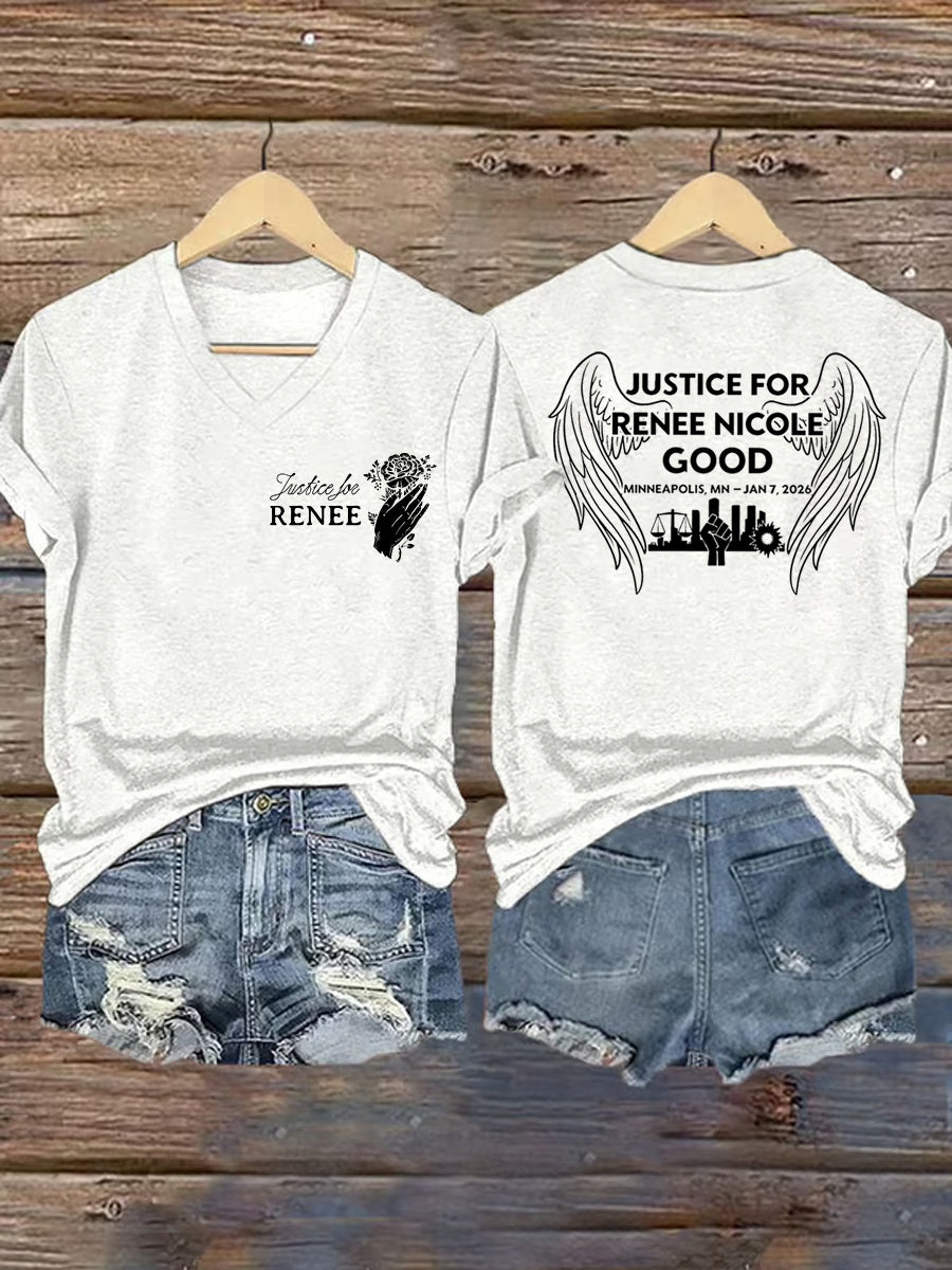 T-shirt à col en V « Justice pour les femmes » pour Renee Nicole Good 