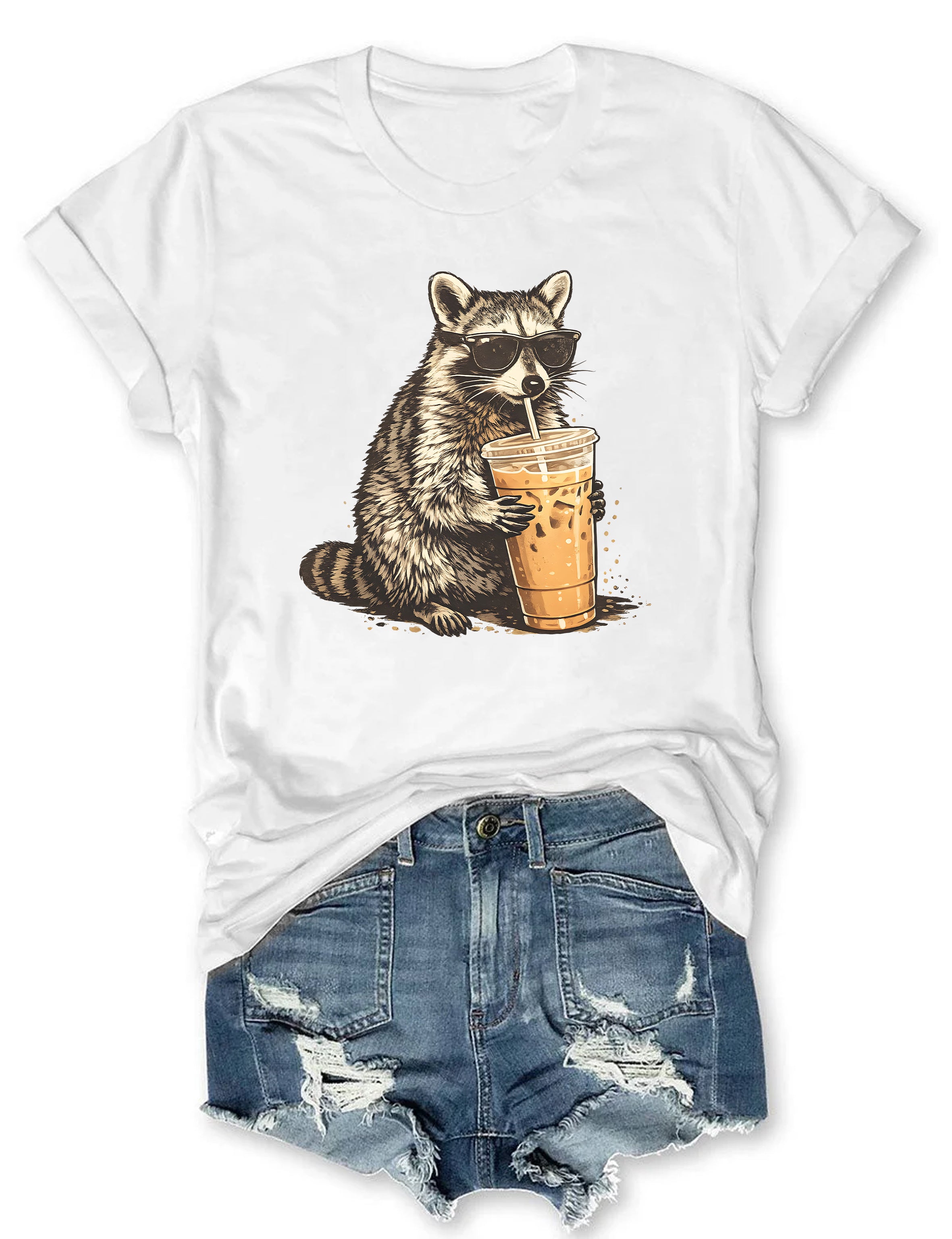 T-shirt graphique humoristique Raton laveur Café glacé T-shirt animalier 