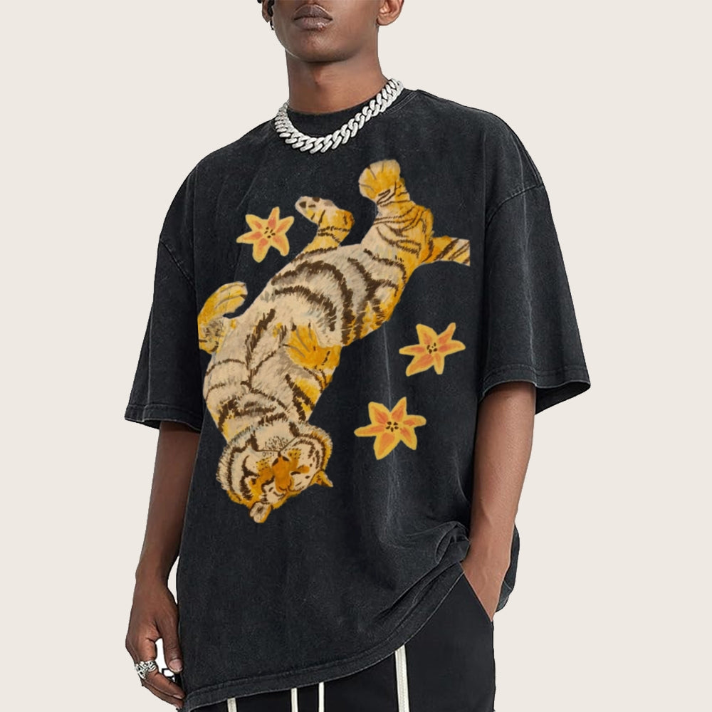 T-shirt unisexe vintage délavé Lazy Tiger 