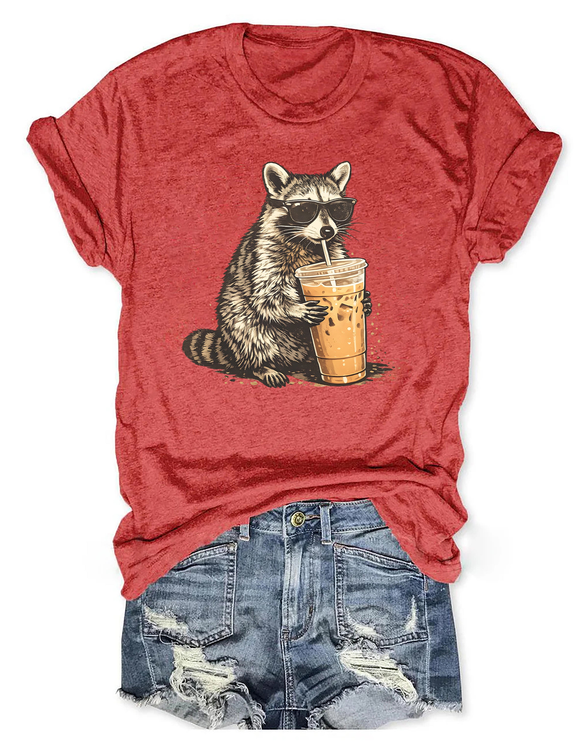 T-shirt graphique humoristique Raton laveur Café glacé T-shirt animalier 