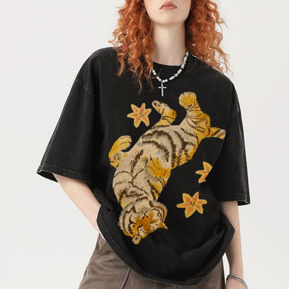 T-shirt unisexe vintage délavé Lazy Tiger 