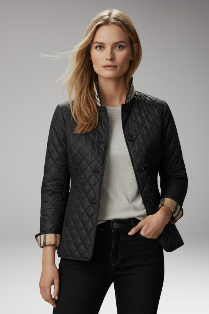 Women's Quilted Jacket with Stand Collar and Button Closure