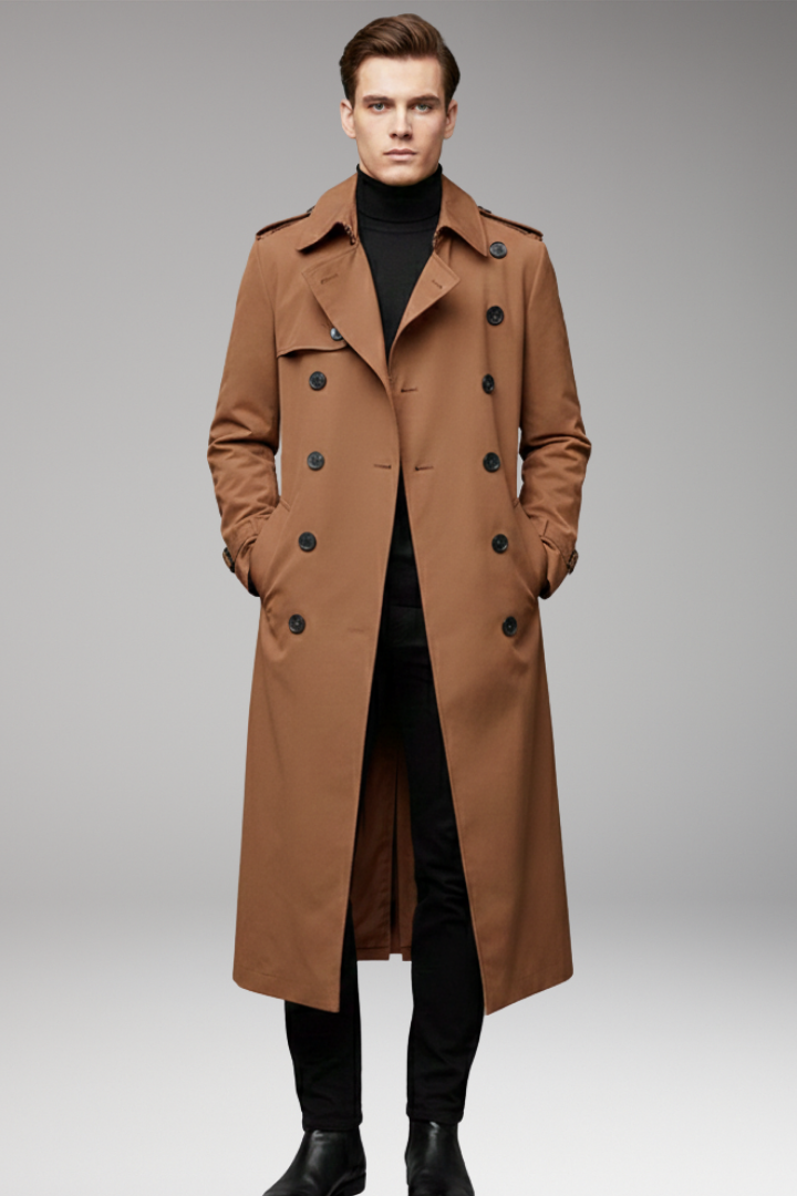 Men's Long Trench Coat with Belt and Front Button Design