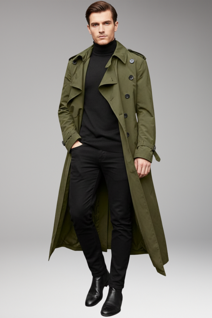 Men's Long Trench Coat with Belt and Front Button Design