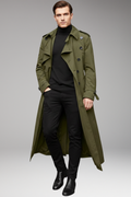 Men's Long Trench Coat with Belt and Front Button Design