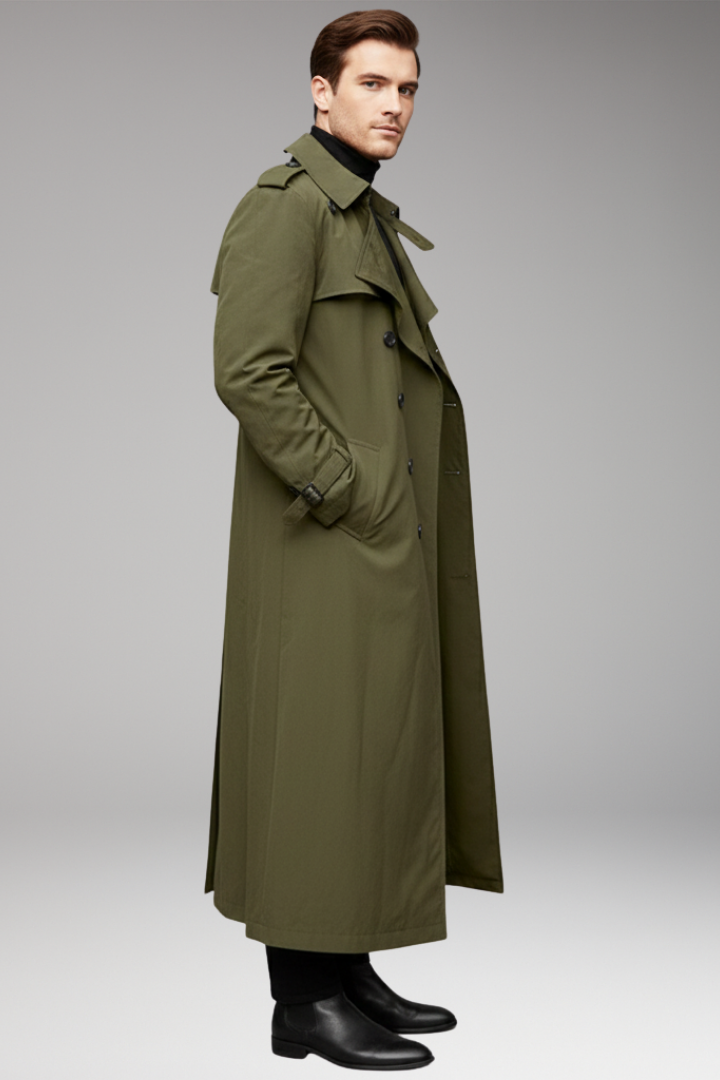 Men's Long Trench Coat with Belt and Front Button Design