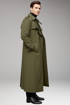 Men's Long Trench Coat with Belt and Front Button Design