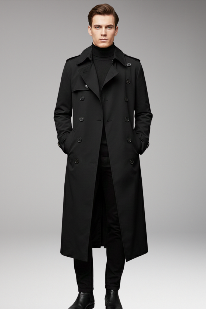 Men's Long Trench Coat with Belt and Front Button Design