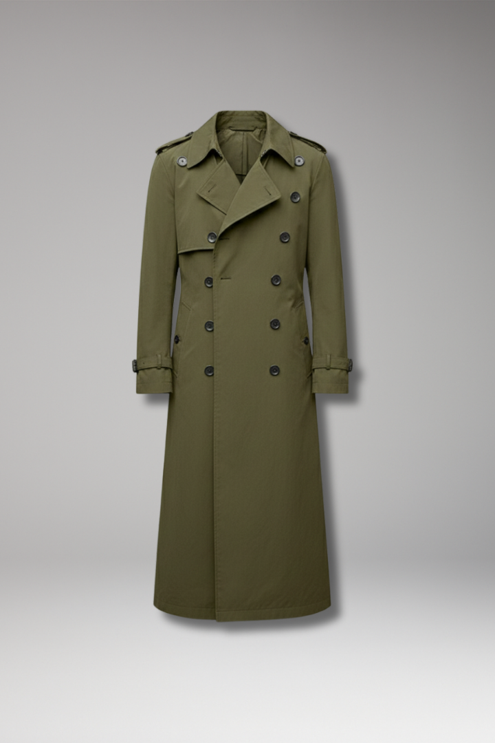 Men's Long Trench Coat with Belt and Front Button Design