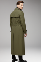 Men's Long Trench Coat with Belt and Front Button Design