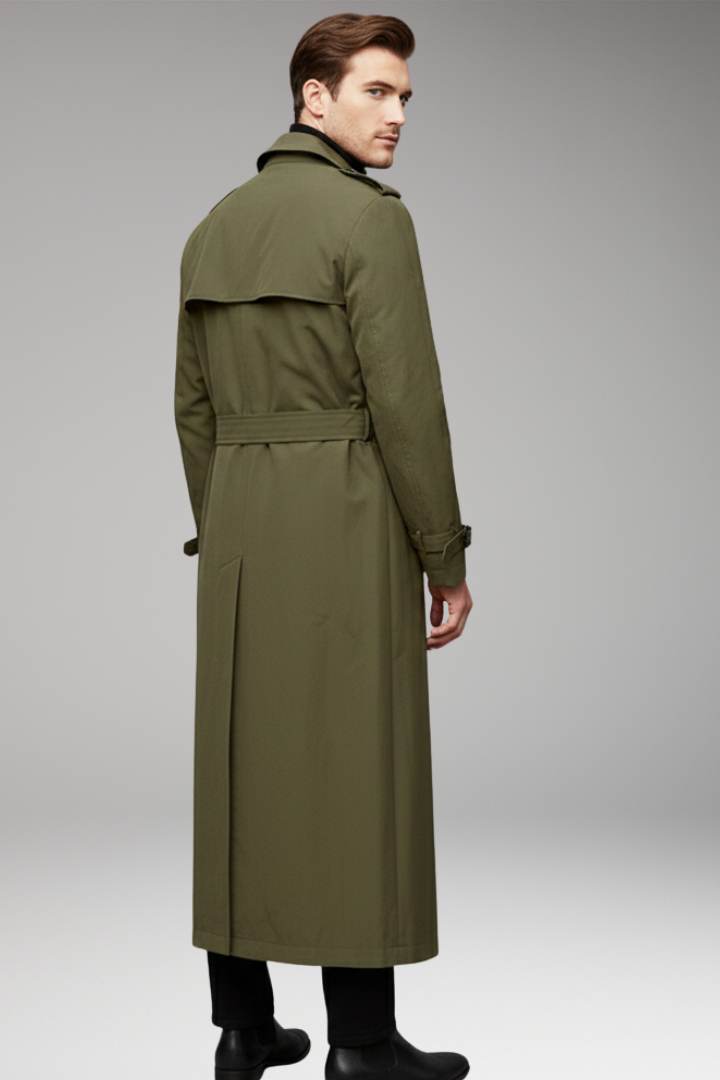 Men's Long Trench Coat with Belt and Front Button Design