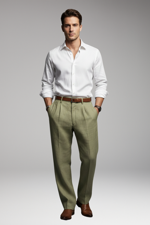 Men's Pleated Pants with Elastic Waist and Button Closure