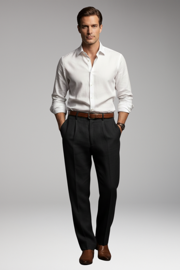 Men's Pleated Pants with Elastic Waist and Button Closure