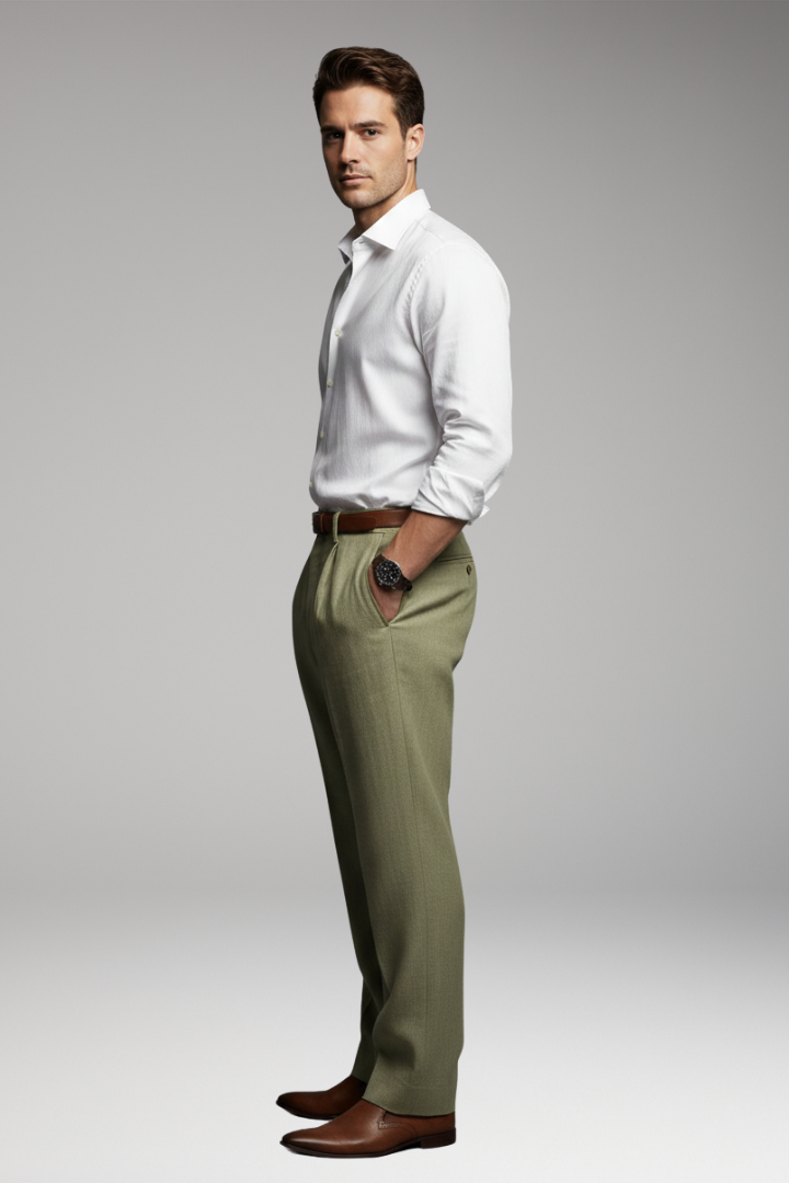 Men's Pleated Pants with Elastic Waist and Button Closure
