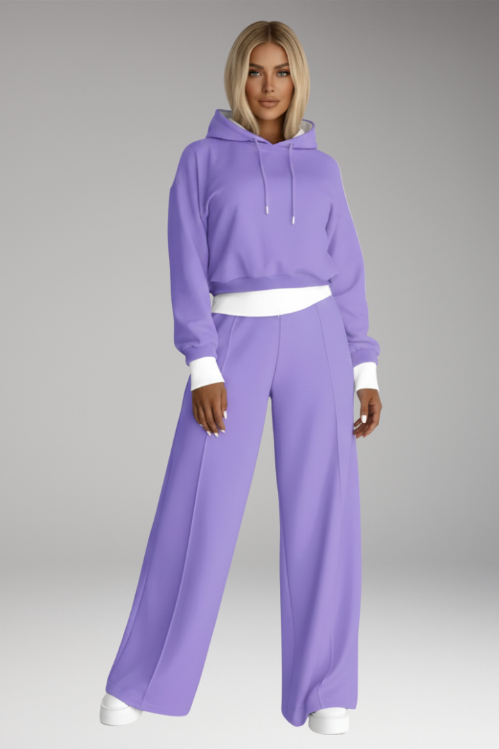 Women's Tracksuit Set with Hooded Top and Wide-Leg Trousers