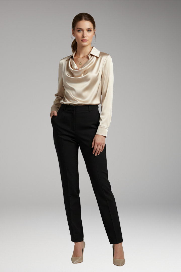 Women's Blouse with Draped Collar and Long Sleeves