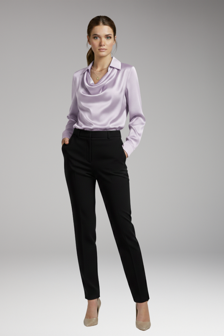 Women's Blouse with Draped Collar and Long Sleeves