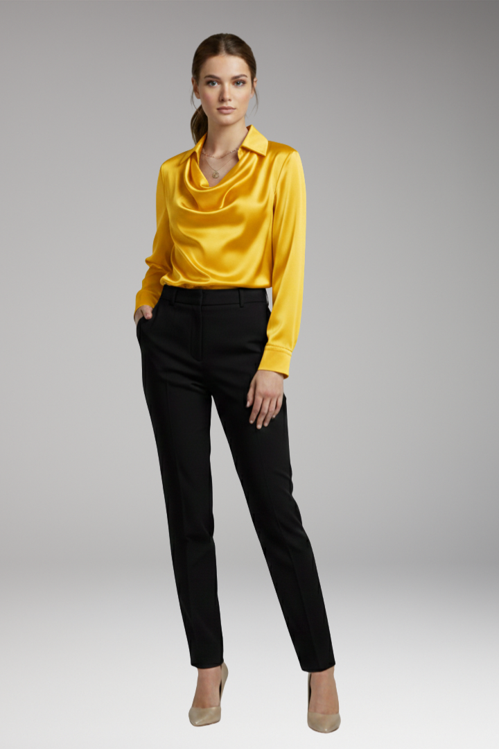Women's Blouse with Draped Collar and Long Sleeves