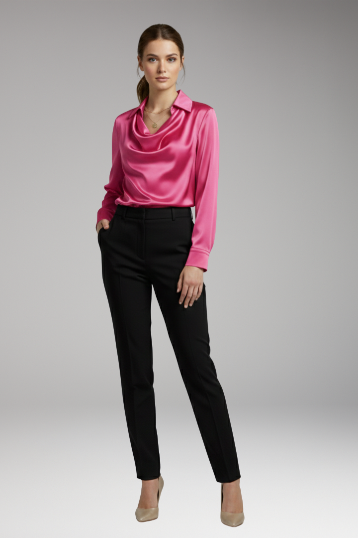 Women's Blouse with Draped Collar and Long Sleeves