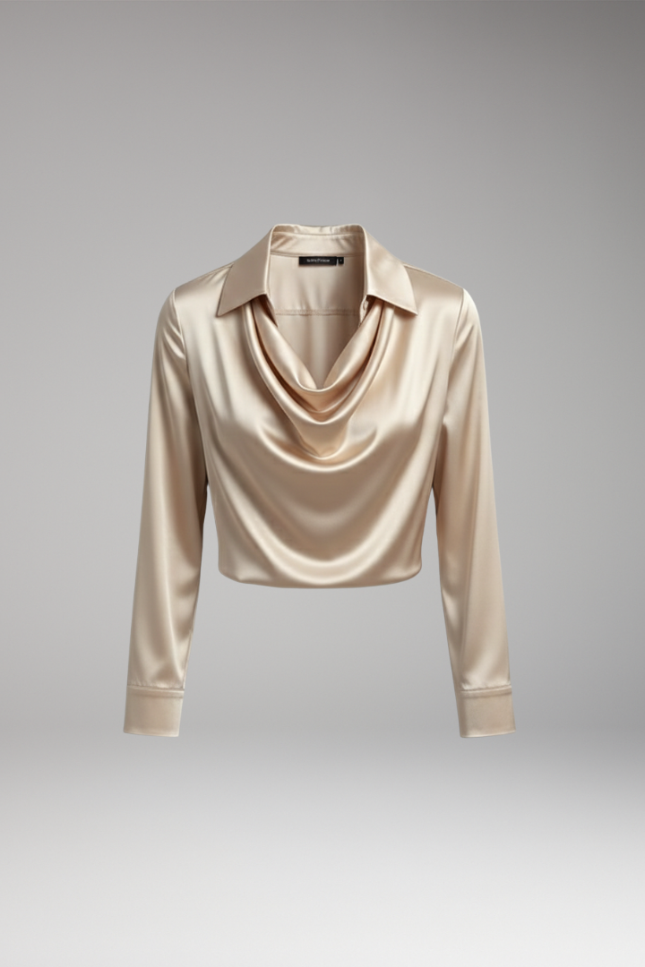 Women's Blouse with Draped Collar and Long Sleeves
