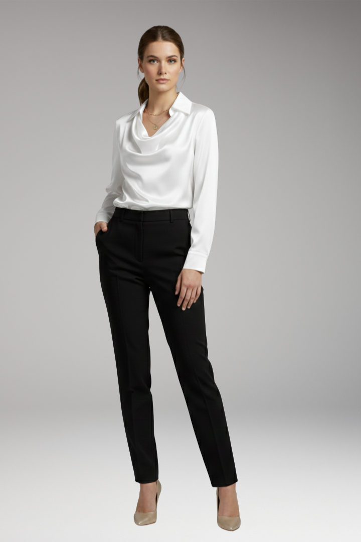 Women's Blouse with Draped Collar and Long Sleeves