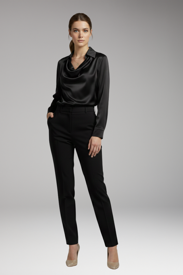 Women's Blouse with Draped Collar and Long Sleeves