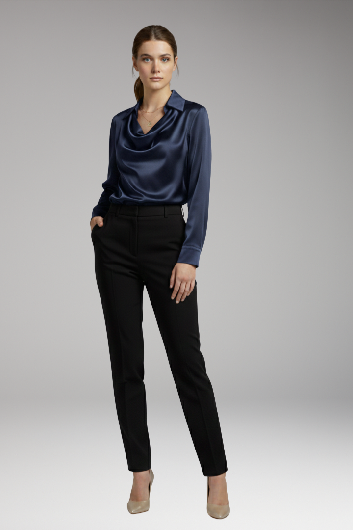 Women's Blouse with Draped Collar and Long Sleeves