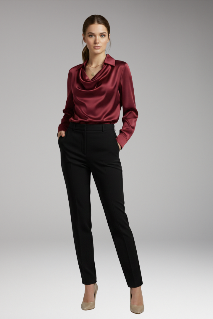Women's Blouse with Draped Collar and Long Sleeves