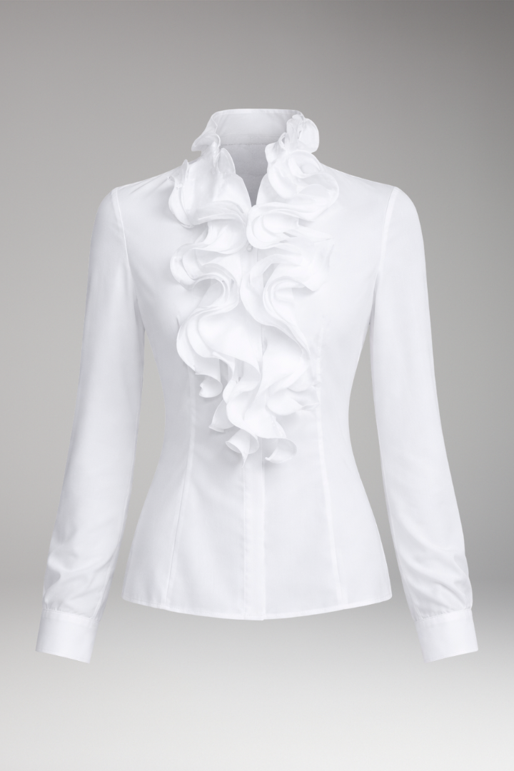 Women's Blouse with High Neck and Front Ruffles
