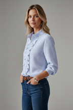 Women's Blouse with Ruffled Placket and Long Sleeves