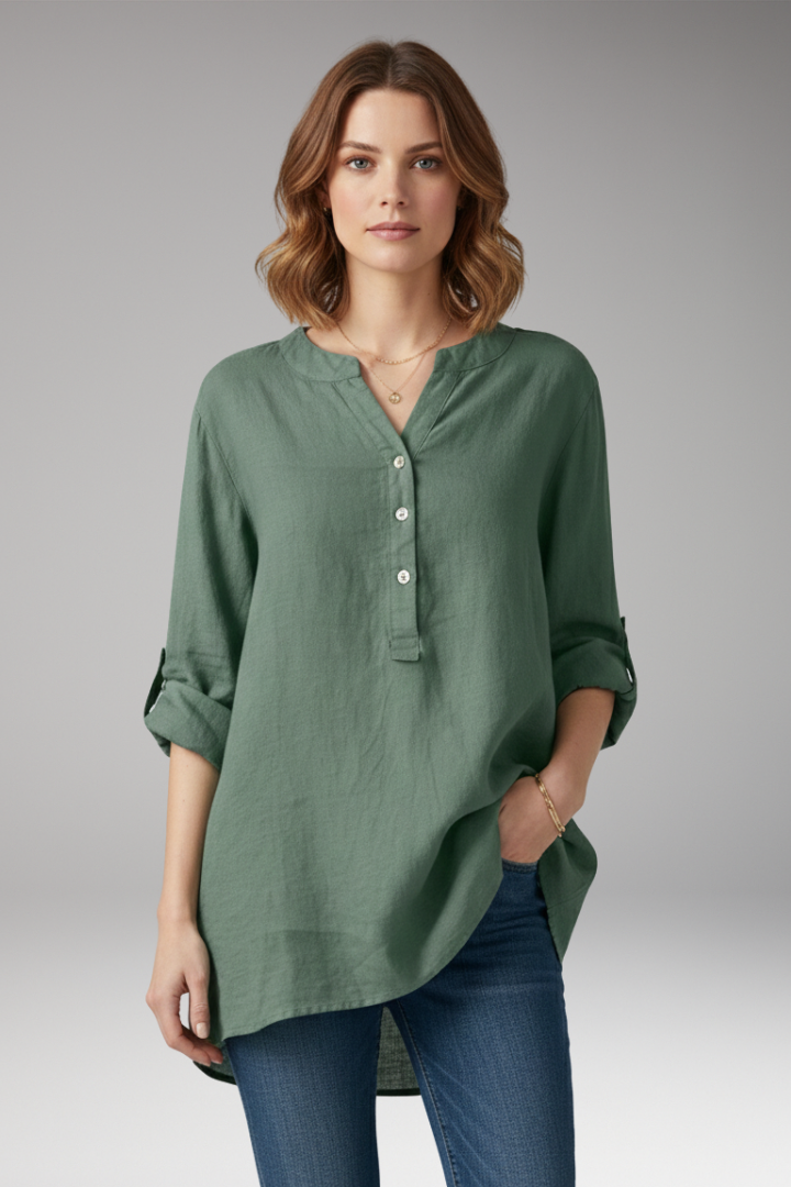 Women's Blouse with V-Neck and Button Placket